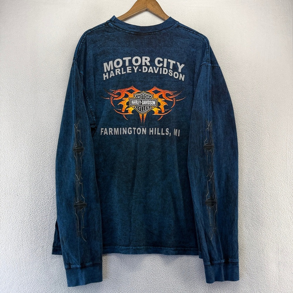 Vintage Harley Davidson Shirt Mens XL Blue Eagle Flames Tribal USA Made y2k